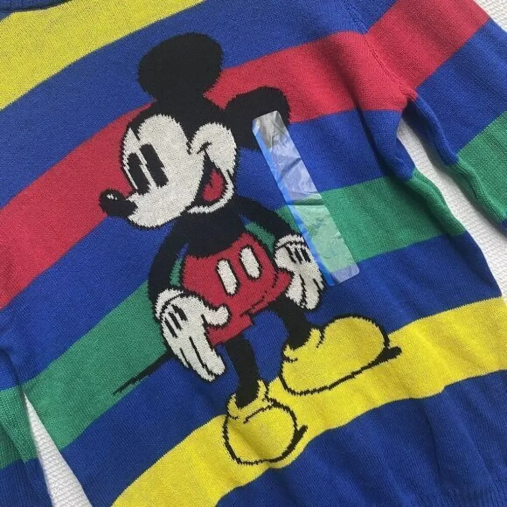 Disney 100 Mickey Mouse Multi Color Striped Knit Sweater Youth Kids‎ L  Pullover